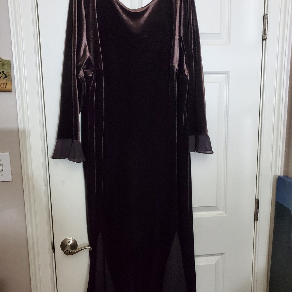 Chocolate Velvet Formal Maxi Dress with Chiffon draped back, inlays & sleeves